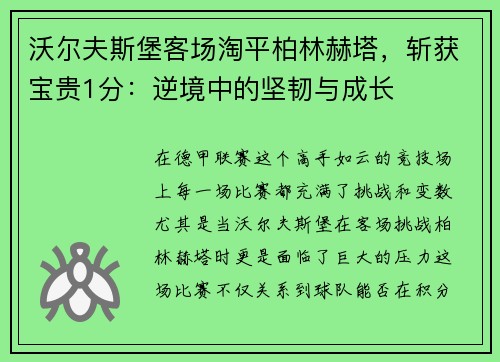 沃尔夫斯堡客场淘平柏林赫塔，斩获宝贵1分：逆境中的坚韧与成长