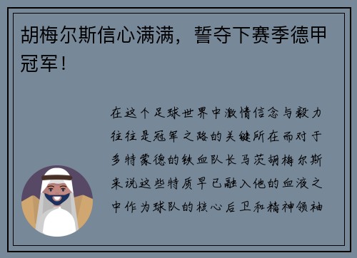 胡梅尔斯信心满满，誓夺下赛季德甲冠军！